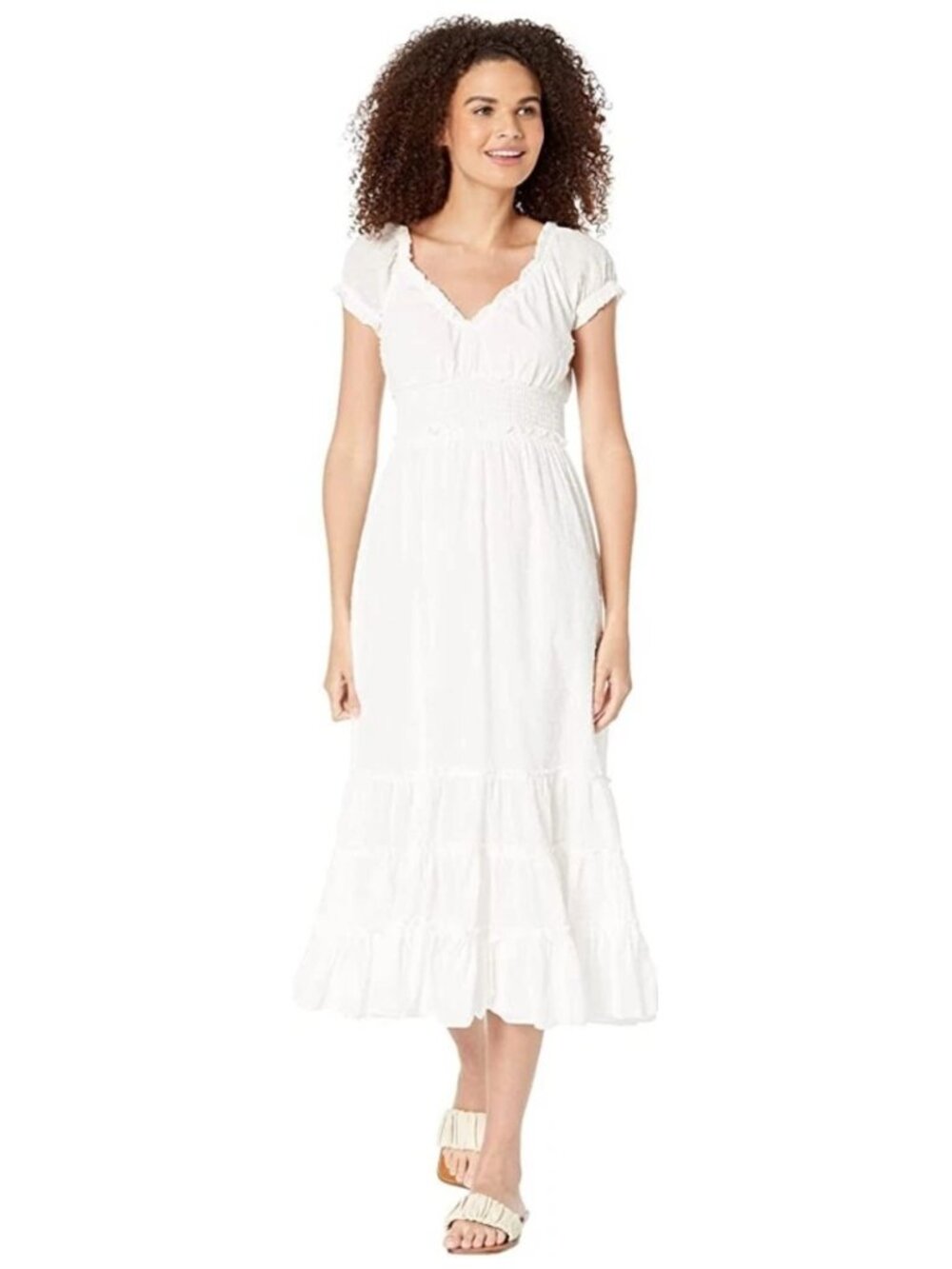 Betsey Johnson White Clip Dot Smocked Midi Dress sz L